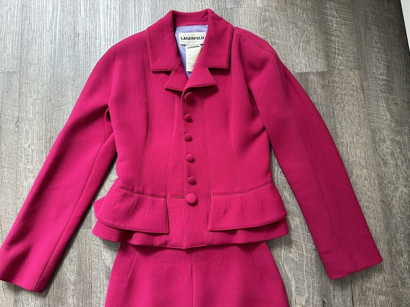 Vintage Authentic 1996 Karl Lagerfeld Wool Pink Peplum Suit Jacket Skirt US 8 image 3