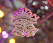 Lenox Our First Christmas 2002 Ornament Fine China Bells Ribbon - Made in USA!