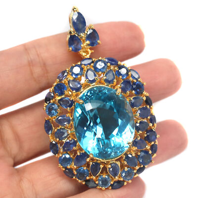 Swiss Blue Topaz Blue Sapphire Brooch Pin 925 Sterling Silver
