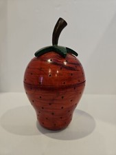 Vintage Hand Turned Stained Wood Strawberry Shaped Jewelry Trinket Box w/ Lid