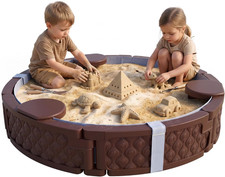 Kids Sandbox with Cover round 47" HDPE Sand Pit 3 Seats Brown Waterproof Botto