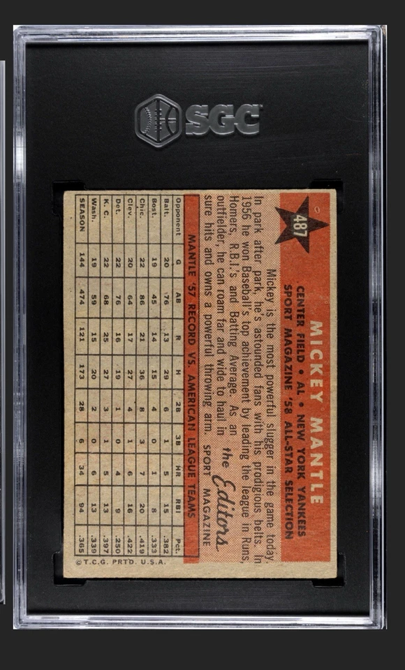 🔥⬛️Mickey Mantle⬛️🔥1958 Topps All-Star #487 Yankees HOF SGC 4 DEAD CENTERED - Image 3 of 3