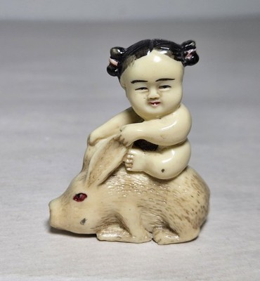 Vintage Netsuke Child on Rabbit Plastic Resin Figurine Signed 2''x1.5'' 
