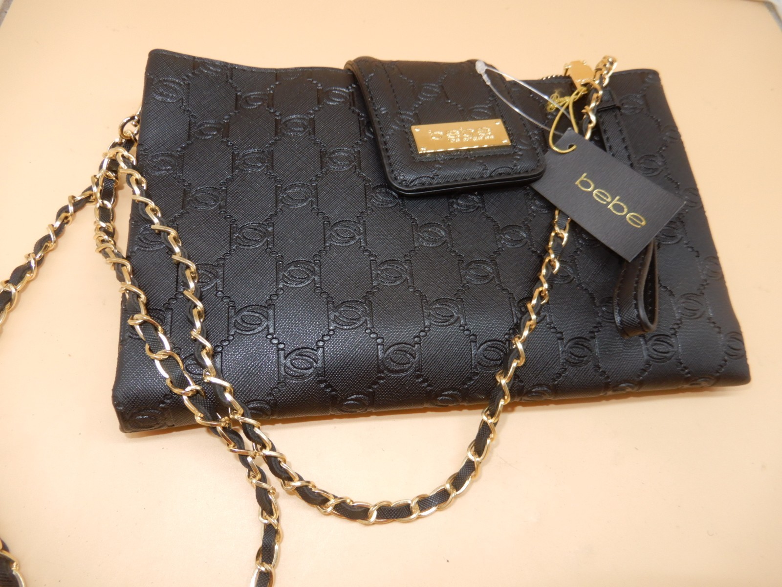 Bolso Bandolera BEBE Melissa Negro Repujado Saffiano Cadena Dorada Correa Bolso sin asas Nuevo con Etiquetas