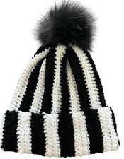 Crochet Ribbed Hat With Faux Fur Pom Pom - Adult Size Black/White