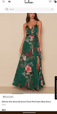 Lulus Still the One Emerald Green Floral Satin Maxi Dress Side Slit M | eBay