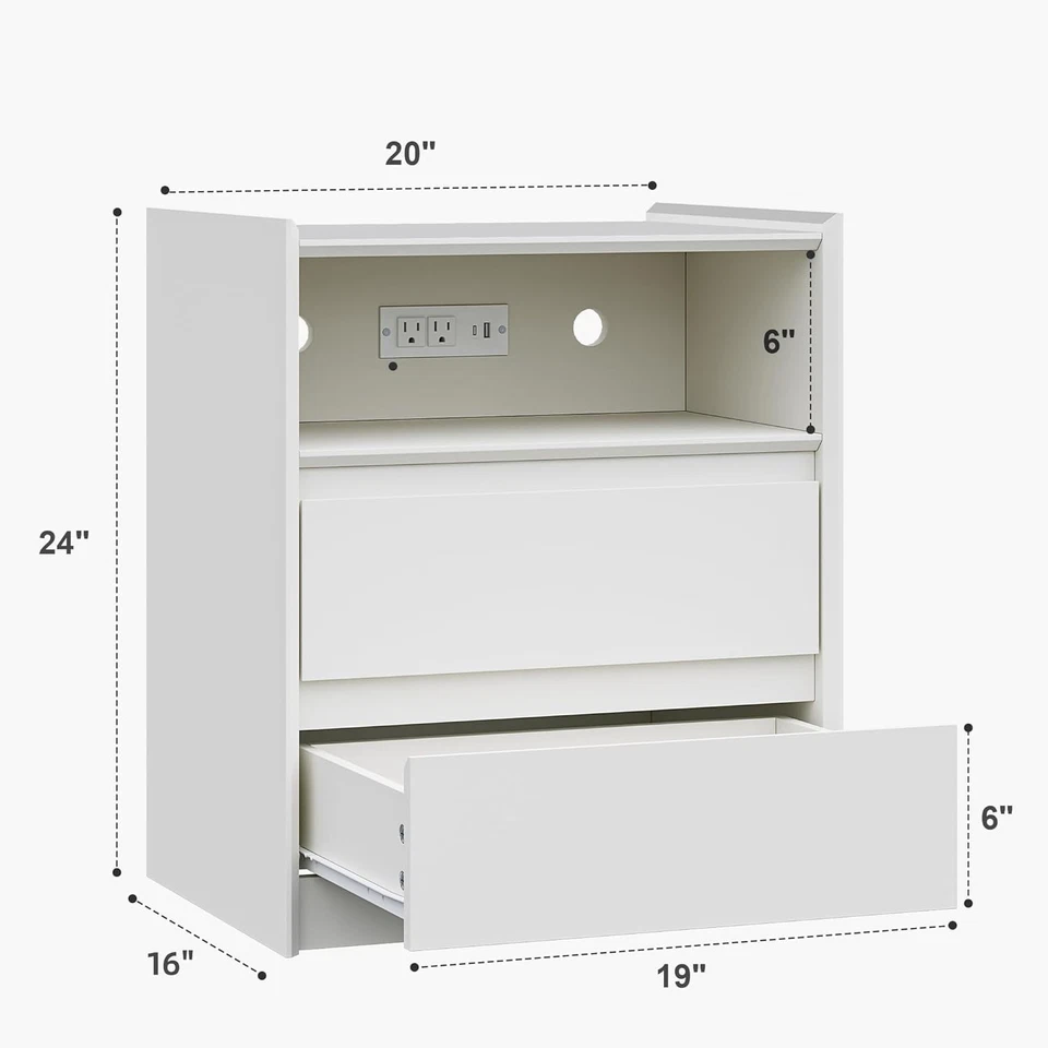 Mesa de cabeceira branca moderna 24" - Estação de carregamento, tampo da bandeja, portas USB/Tipo-C e AC - Imagem 2 de 4