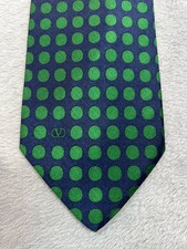 Valentino Cravatte Tie Men 56x3.5 Navy Green Polka Dot 100 Silk Italy Vintage