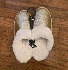 Women  s Slip-On Slippers Gold/White Glitter Faux Fur Memory Foam US 11.5