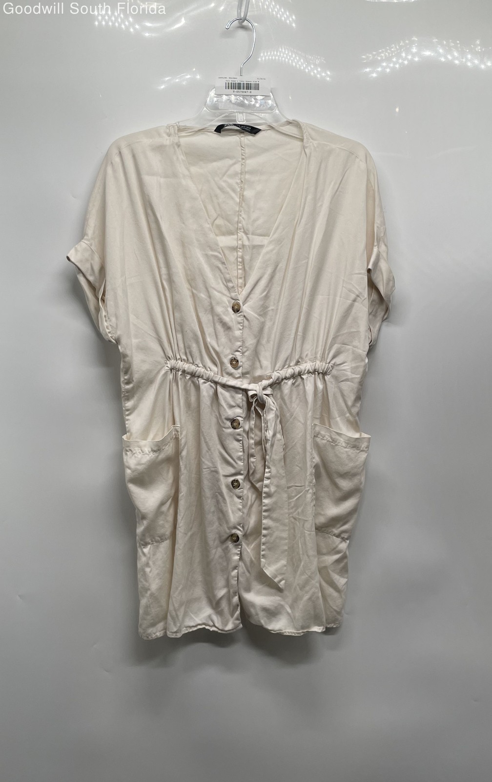 Zara Womens Ivory Short Sleeve Button Front Belted Mini Dress Size Medium