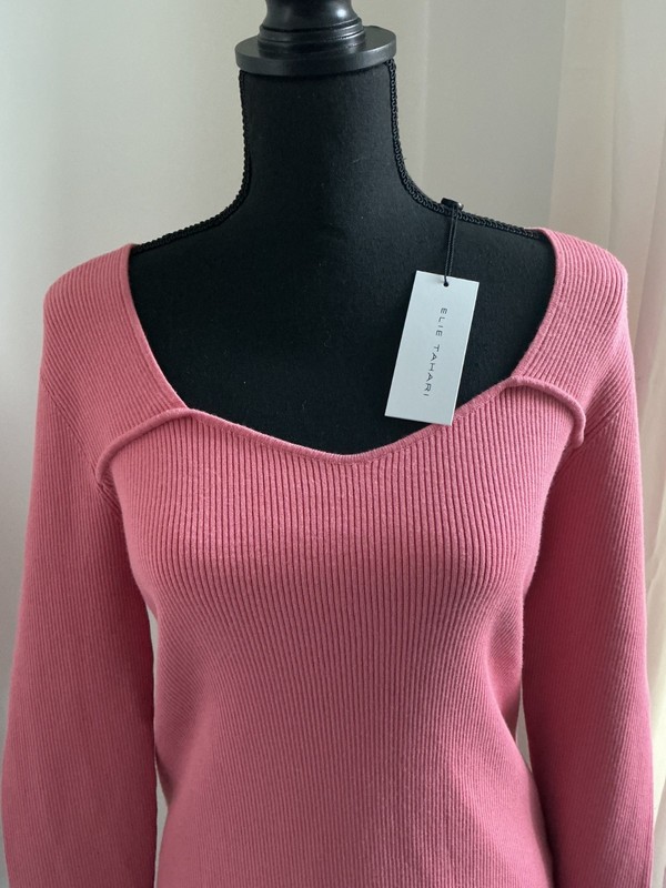 NWT Elie Tahari Womens Pink Vicose Long Sleeve Pullover Ribbed Sweater Size L