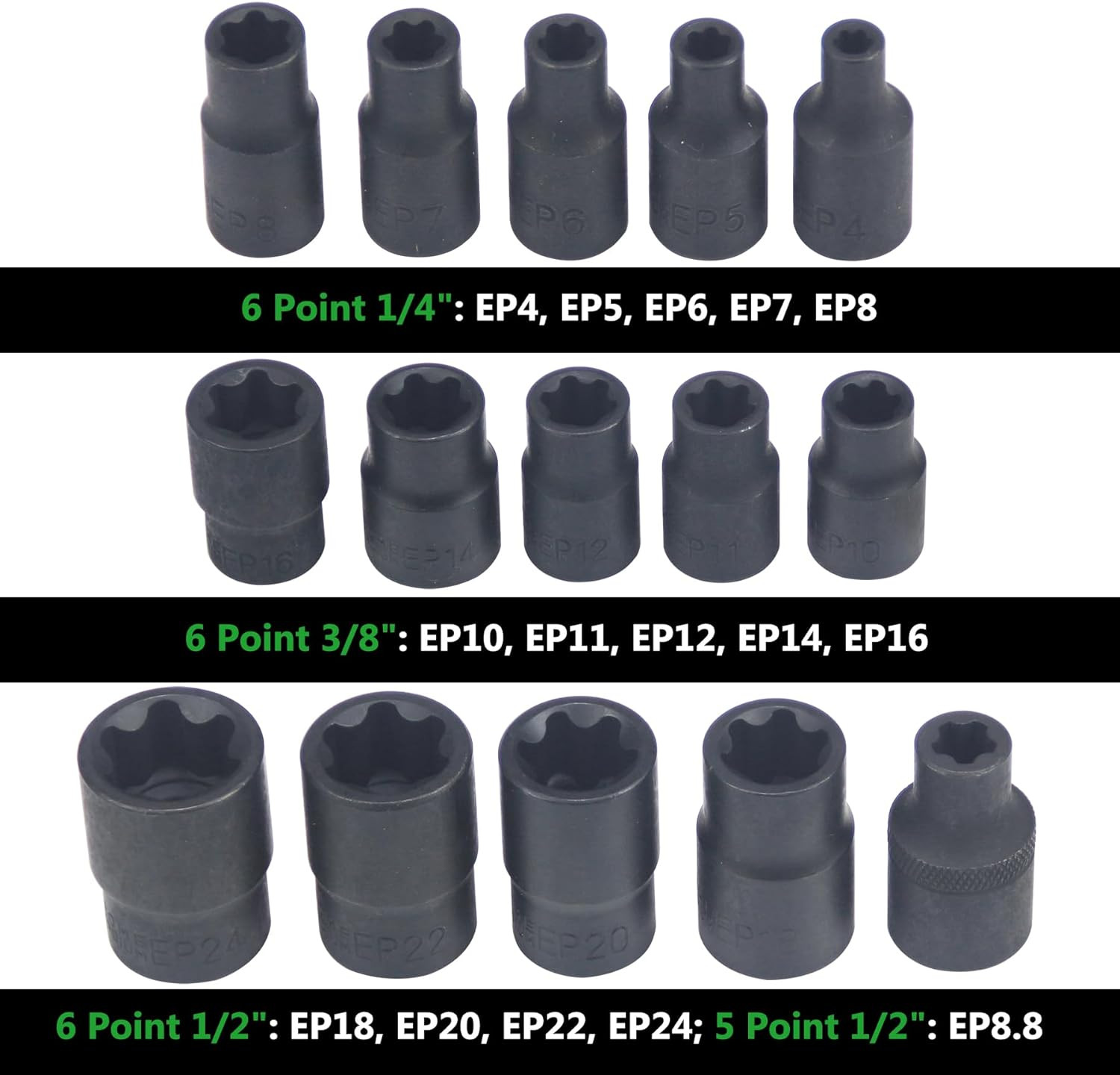 15pc External Torx Plus Socket Set 6 Point EP EP4, EP5, EP6, One Size 