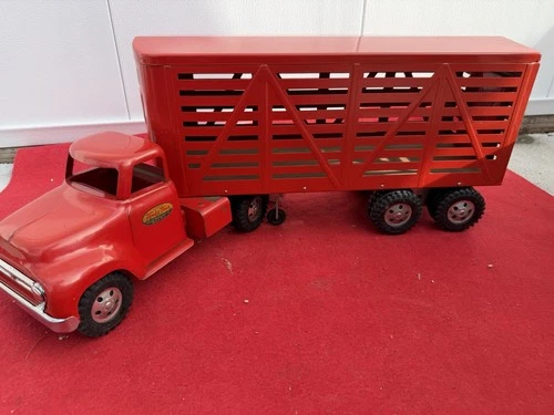 Tonka Pressed Steel Red Livestock Truck Vintage Toy Vehicle with Trailer