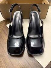 Black Patent Leather Slingback Block Heel Shoes Square Toe Women Adjustable Str  