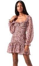 NEW ASTR The LABEL Carmella FLORAL Ruched CHIFFON Ruffle NOTCHED Mini DRESS XS