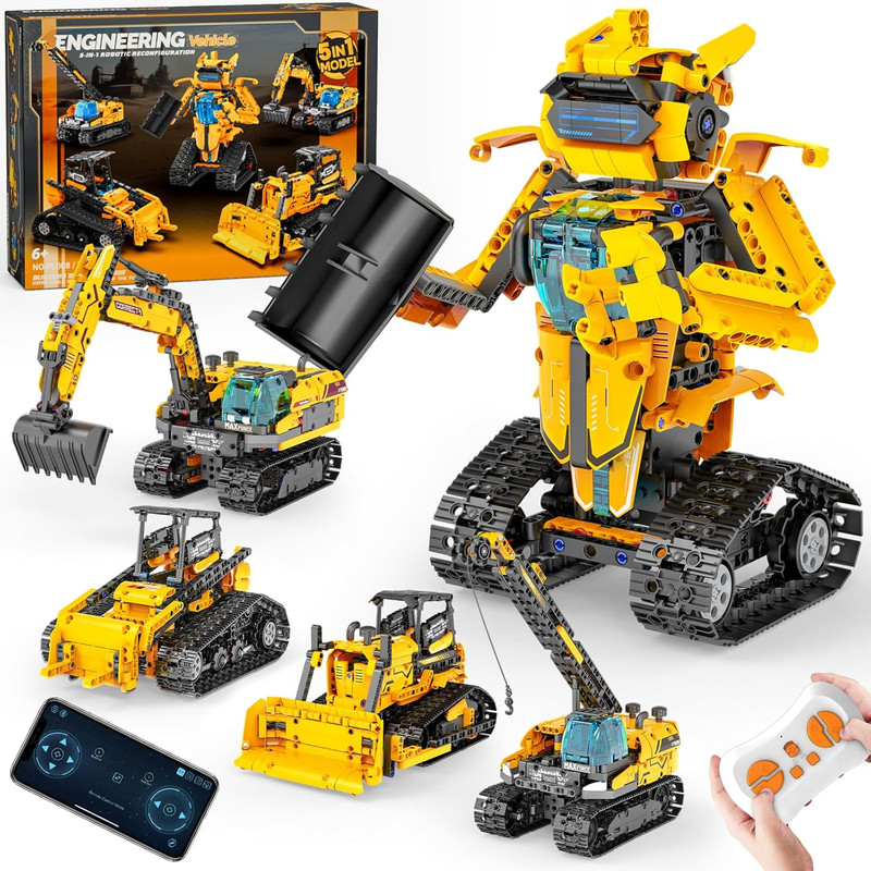 5In1 STEM Robot Building Kits for Kids 6-14, Remote & APP Controlled STEM Excava