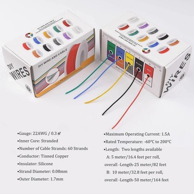 22AWG Flexible Silikonleitung Litze verzinnt Kupferkabel 5 Farben - 5m oder 10m