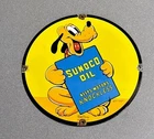 VINTAGE 12” 1937 DISNEY SUNOCO PLUTO PORCELAIN SIGN CAR GAS MOTORCYCLE OIL