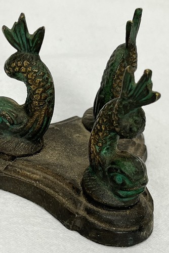Pair Vintage Brass Triple Tri Stand Dolphins Koi Fish Display Bases India - Picture 15 of 24