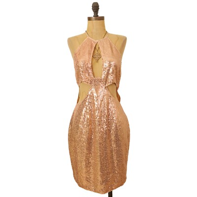 Area Stars Risa Sequin Cutout Halter Dress Size M Champagne Party NEW Tag B7