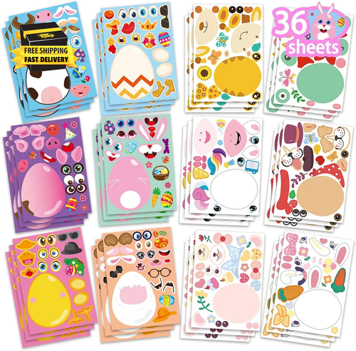 36 Sheets Easter Egg Stickers for Kids,Easter Basket Stuffers,Make a Face Sticke