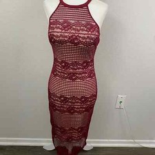 Guess Los Angeles Burgundy Lace Strappy Back Midi Dress Nude Lining Size 2