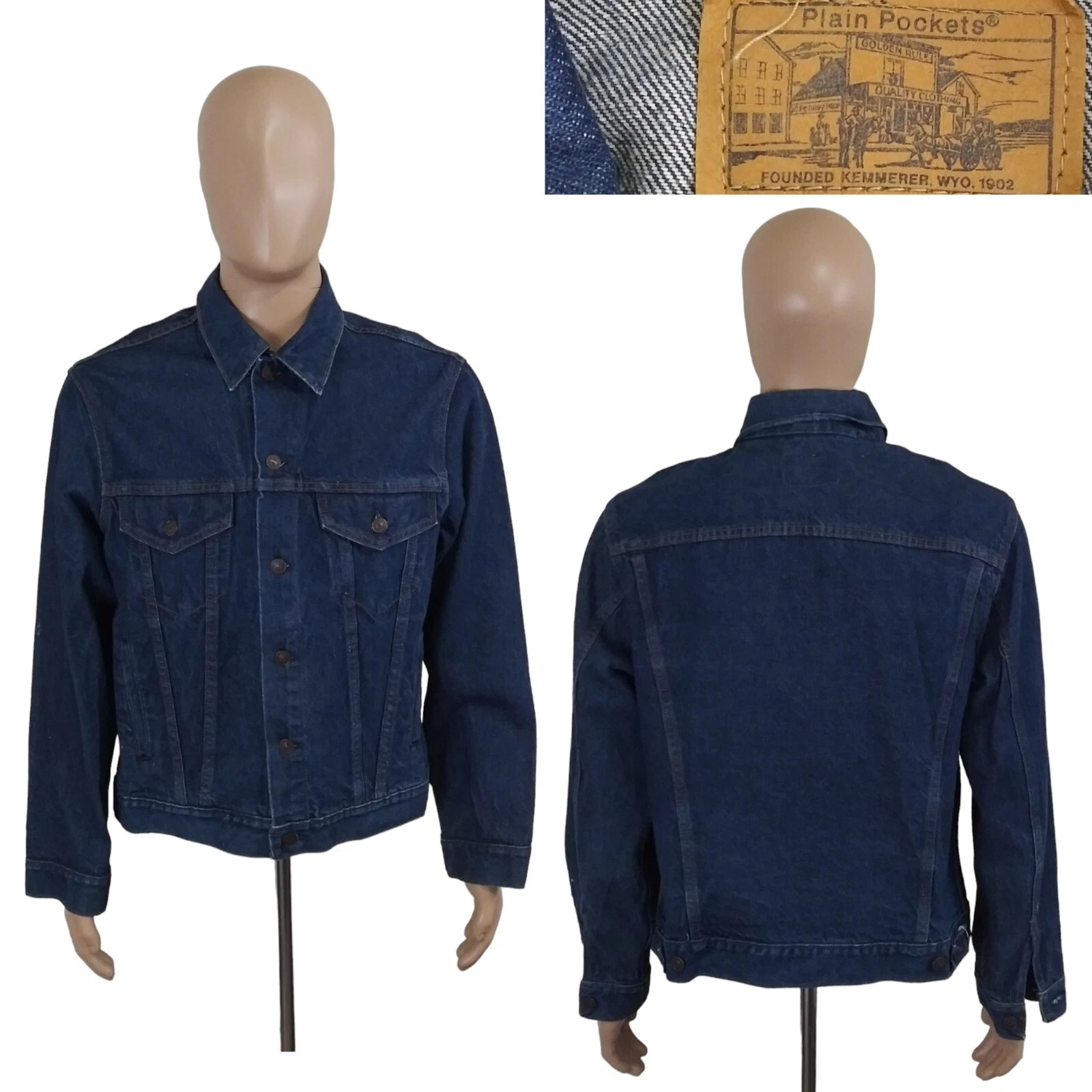 Vintage Plain Pockets USA Dark Denim Blue Jean Jacket Size 44 Regular
