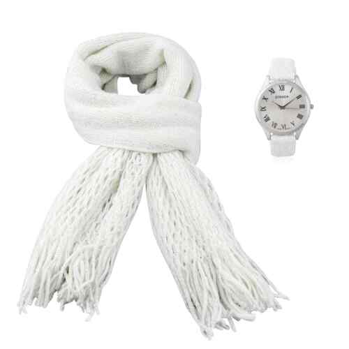STRADA Watch with White Sequin Faux Leather Band White Solid Acrylic Scarf