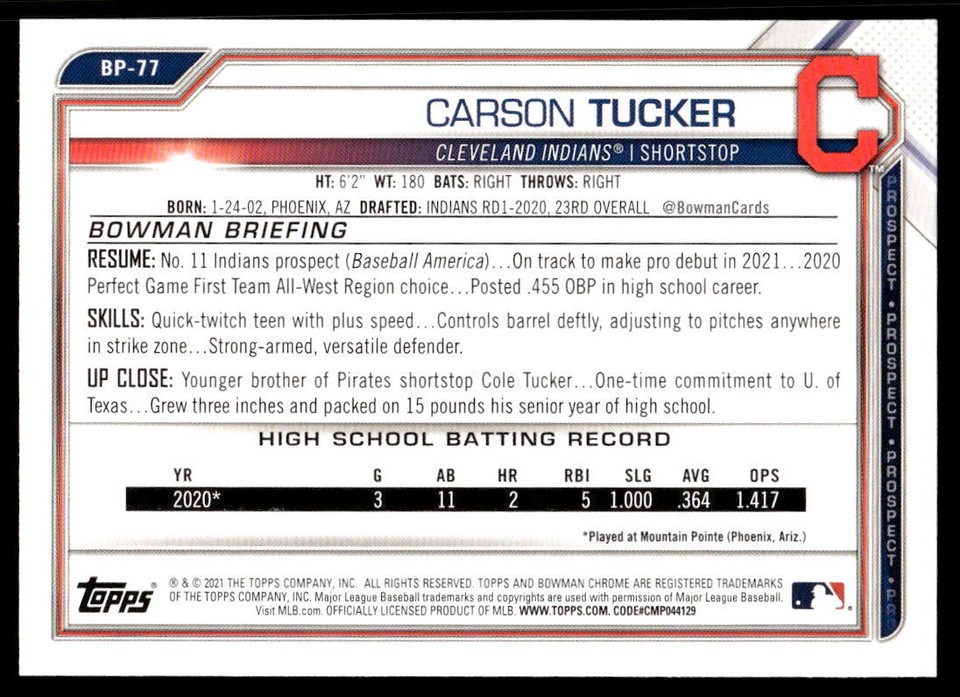 2021 Bowman BP-77 Carson Tucker Cleveland Indians Baseball Card | eBay
