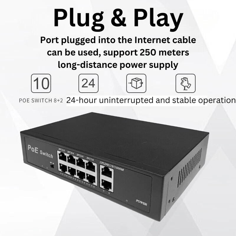 8 Port PoE Switch With 2 Uplink 120W 1G Extend to 250 Meter Unmanaged 803.af/at - Image 2 of 4