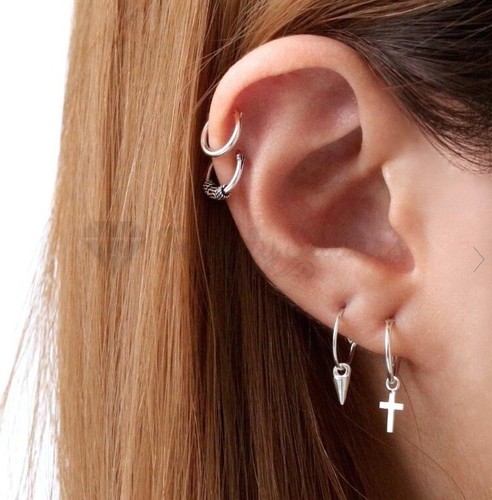Solid 925 Sterling Silver Cross Cartilage Tragus Stud Huggie Hoop Drop Earrings - Picture 6 of 6