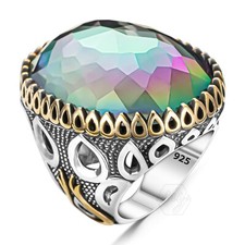 925 Sterling Silver Mystic Topaz Stone Turkish Handmade Huge Men's Ring