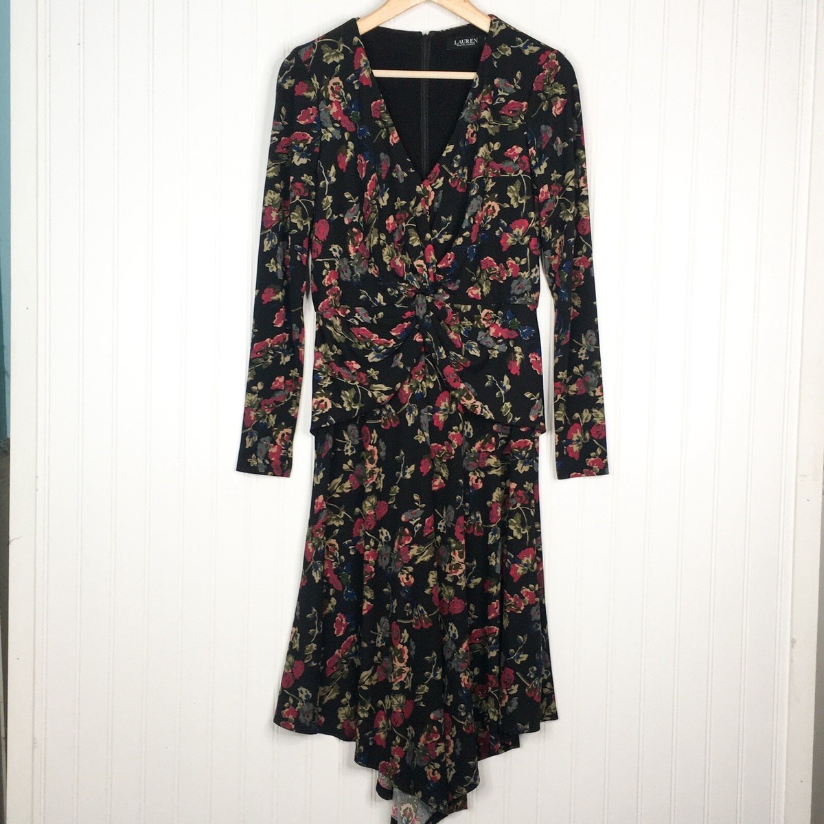 Lauren Ralph Lauren Floral Surplice Jersey Dress SZ 6 Long Sleeve Twisted  Bodice
