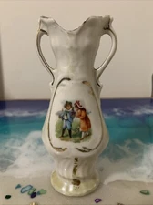 Vintage Gilded German Double Handled Vase W/ Children And Pheasants READ DESC.