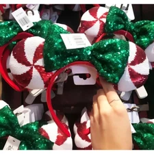 Disney Parks Lollipop Candy Cane Christmas Sequin Minnie Ears Bow Headband US
