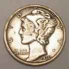 1936 S Mercury Winged Head Dime 10 Cents Silver Coin VF