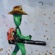 Leaf Blower Gardener Enchanting Alien Painting Art PRINT by Artist Jose Trujillo