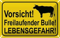 Blechschild 12X18 Cm Vorsicht Freilaufender Bulle Warnschild Hinweisschild Siche