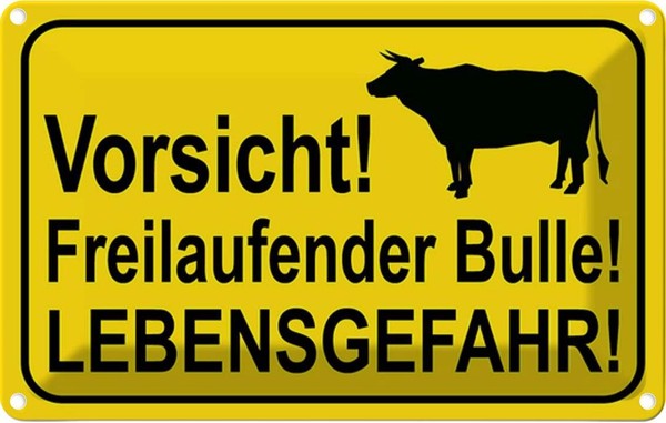 Blechschild 12X18 Cm Vorsicht Freilaufender Bulle Warnschild Hinweisschild Siche-image