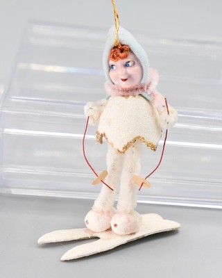 Vtg 1950s Skiing Elf Pixie Ornament Red Hair Putz Chenille Felt Glitter Snow Ski