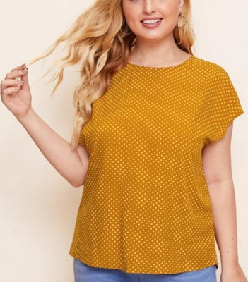 Plus Size Yellow Polka Dot Twist Open Back Short Sleeve Crew Neck Blouse 0X