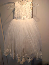 Bonnie Jean Girls White Lace Tulle Dress Satin Bow Size S Communion Flower Girl