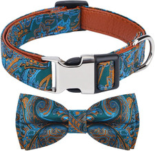 Dog Collar with Bow Tie for Girl or Boy Gift Soft S 9.5"-15" B1 Blue Paisley