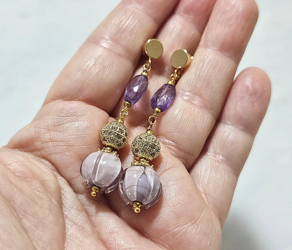 Orecchini in argento 925, ametista e vetro di Murano - Immagine 4 di 4