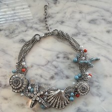 Statement Necklace, Silver Tone, Rhinestone  Bead, Sea Life Charms, Starfish