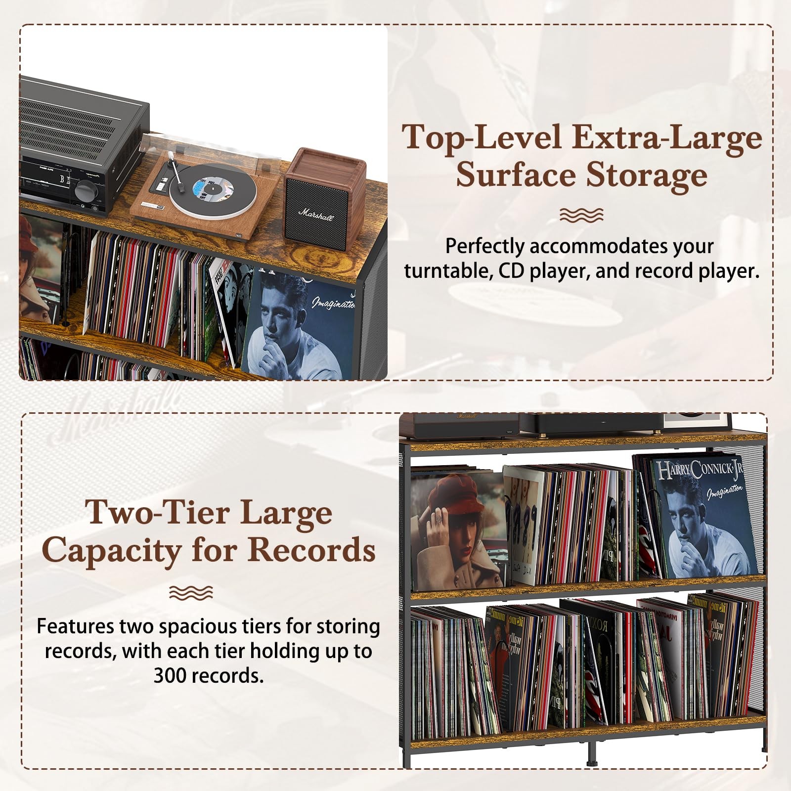 Vintage Player Table W Spacious 3 Tier Vinyl Record Storage, Up to 450 Records