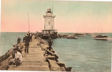 Saybrook Connecticut Outer Light Lighthouse Breakwater People Boats Collotype Co
