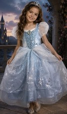 Girls Cinderella Princess Costume Dress Blue Silver Gown Crown 7/8 Disney Store