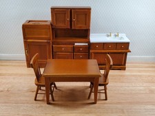 Dollhouse Kitchen Set Sink Fridge Table Chair 1:12 Scale Furniture Walnut Finish