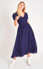 LoveShackFancy Hutchinson Midi Dress V-Neck Cotton Silk Blend Puff Sleeve Size 2